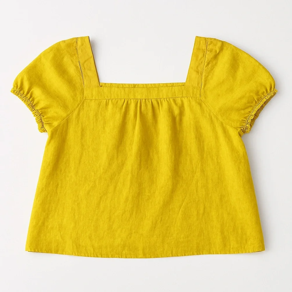 Boden Mustard Yellow 100% Linen Puff Sleeve Square Neck Blouse